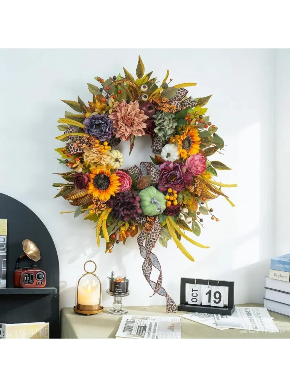 24-Inch Autumn Front Door Wreath with Pumpkins & Sunflowers - Fall Decor
